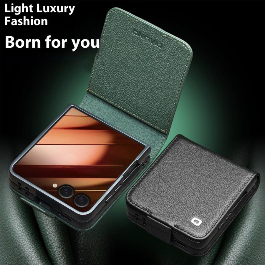 6601171537A-5 QIALINO For Samsung Galaxy Z Flip7 Case Litchi Textured Genuine Leather Flip Phone Cover with Card Holder