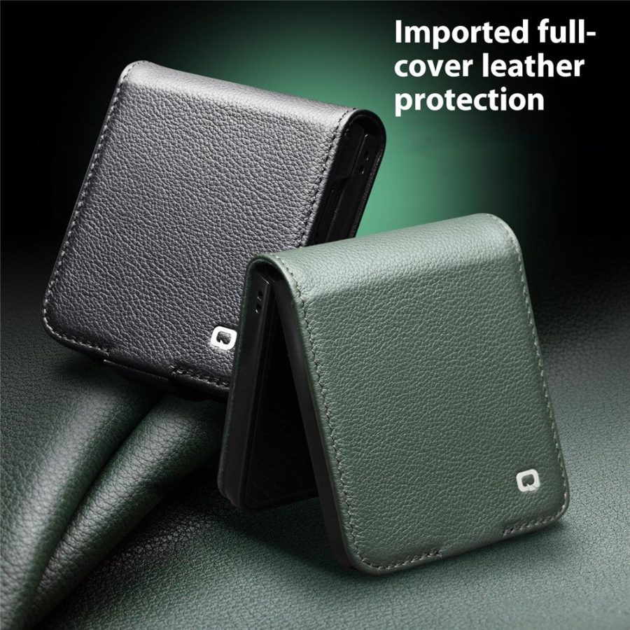 6601171537A-6 QIALINO For Samsung Galaxy Z Flip7 Case Litchi Textured Genuine Leather Flip Phone Cover with Card Holder