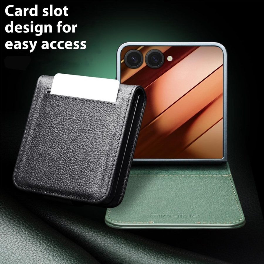6601171537A-8 QIALINO For Samsung Galaxy Z Flip7 Case Litchi Textured Genuine Leather Flip Phone Cover with Card Holder