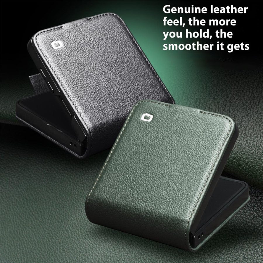 6601171537A-9 QIALINO For Samsung Galaxy Z Flip7 Case Litchi Textured Genuine Leather Flip Phone Cover with Card Holder