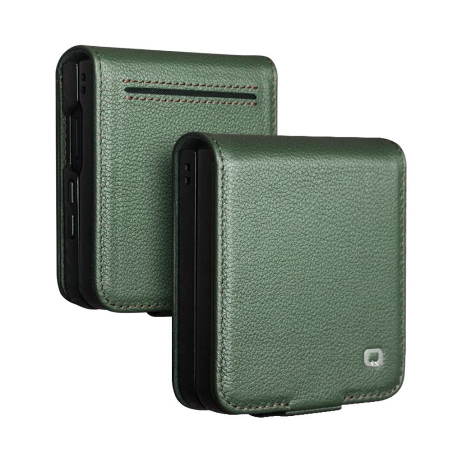 6601171537B-1 QIALINO For Samsung Galaxy Z Flip7 Case Litchi Textured Genuine Leather Flip Phone Cover with Card Holder