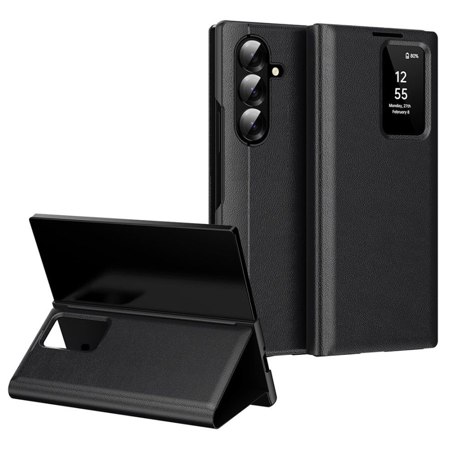 6601172643C-1 Flip Leather Case For Samsung Galaxy Z Fold 7 6 5 4 3 Series with Smart View Window and Card Slot Phone Cover