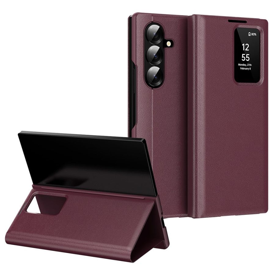 6601172643D-1 Flip Leather Case For Samsung Galaxy Z Fold 7 6 5 4 3 Series with Smart View Window and Card Slot Phone Cover