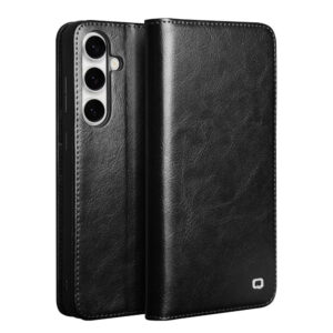 QIALINO For Samsung Galaxy S25 FE Wallet Case Waxy Genuine Leather Flip Phone Cover