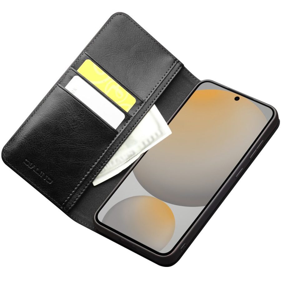 QIALINO For Samsung Galaxy S25 FE Wallet Case Waxy Genuine Leather Flip Phone Cover