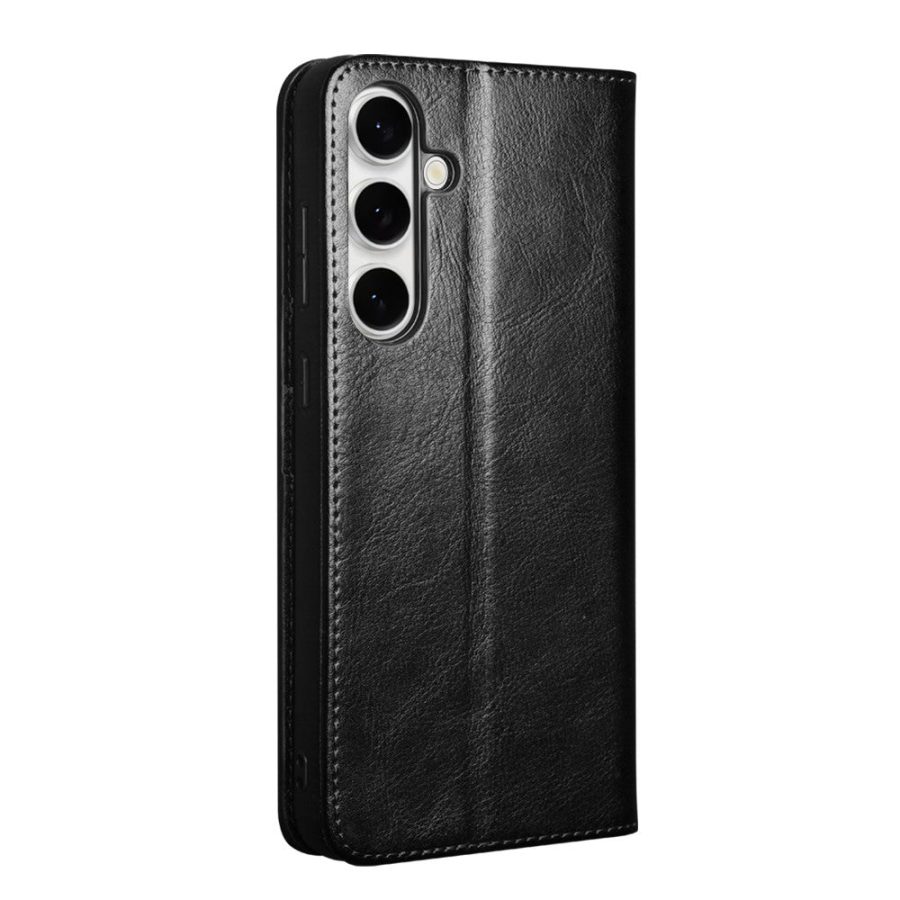 QIALINO For Samsung Galaxy S25 FE Wallet Case Waxy Genuine Leather Flip Phone Cover