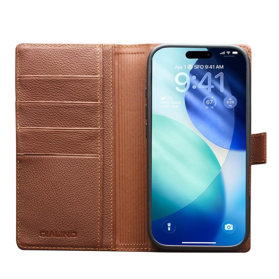 QIALINO For iPhone 17 Pro Max Detachable Genuine Leather Wallet Case Compatible with MagSafe Phone Cover