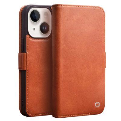 QIALINO For iPhone 14 Plus Case Drop-Proof Business Style Genuine Leather Wallet Magnetic Closure Phone Cover