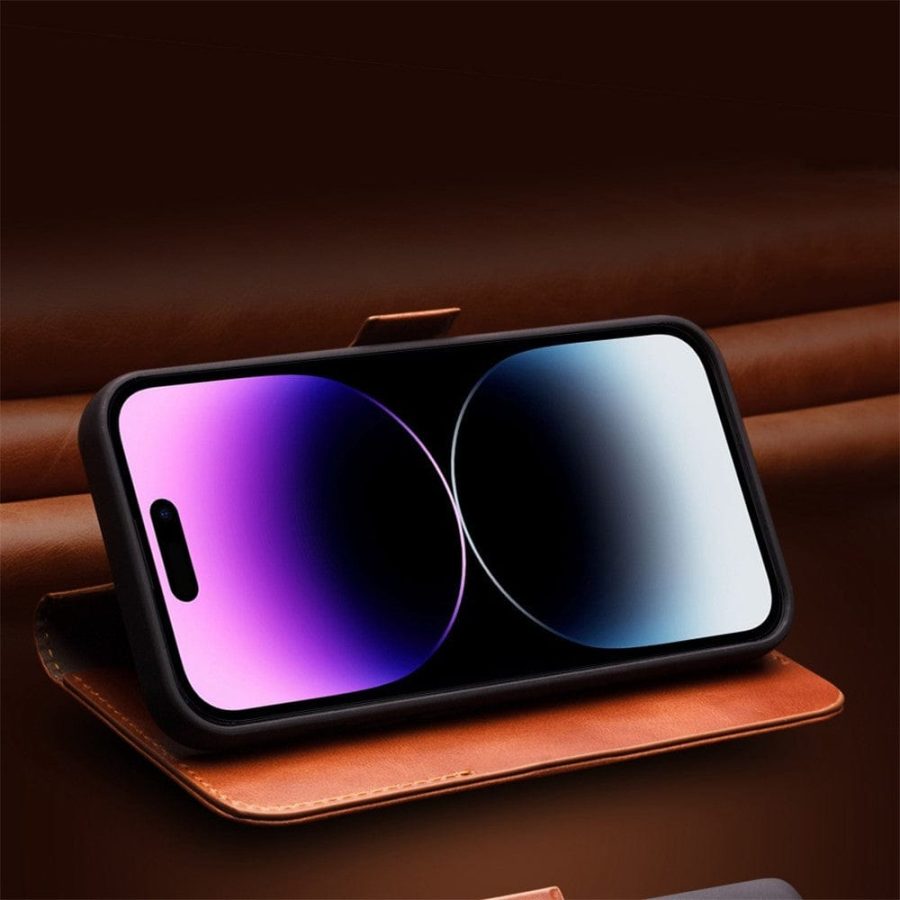 QIALINO For iPhone 14 Plus Case Drop-Proof Business Style Genuine Leather Wallet Magnetic Closure Phone Cover
