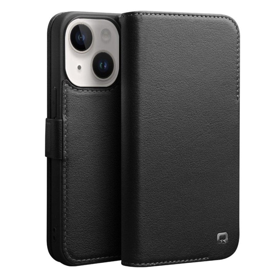QIALINO For iPhone 14 Plus Case Drop-Proof Business Style Genuine Leather Wallet Magnetic Closure Phone Cover