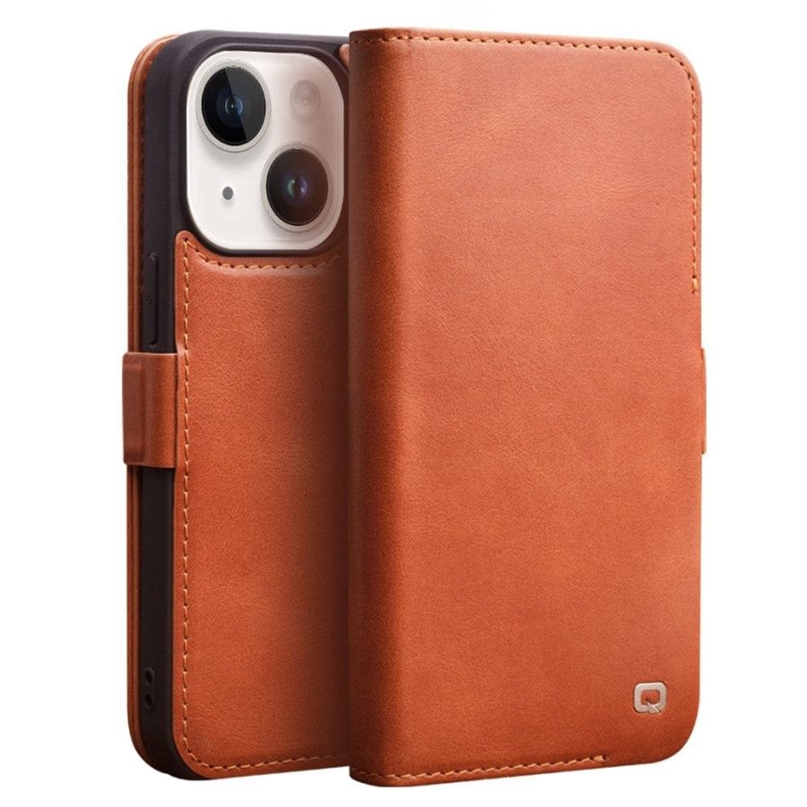 QIALINO For iPhone 14 Case Business Style Genuine Leather Magnetic Closure Flip Phone Cover