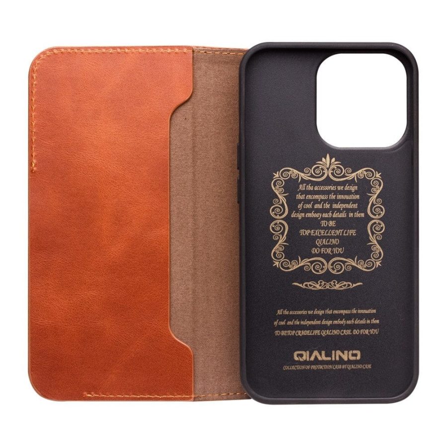 QIALINO For iPhone 14 Case Business Style Genuine Leather Magnetic Closure Flip Phone Cover