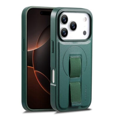 CASENEO For iPhone 17 Pro Max Magnetic Case Wristband PU Leather + PC Shockproof Phone Cover Green by The Case Factory