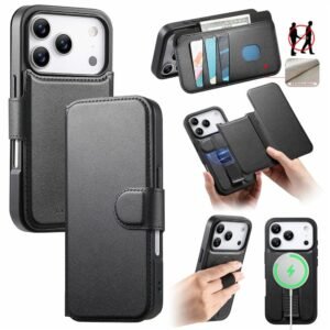 CASENEO For iPhone 17 Pro Magnetic Case RFID Blocking Wallet Detachable Leather Phone Cover with Wristband by The Case Factory