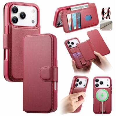 CASENEO For iPhone 17 Pro Magnetic Case RFID Blocking Wallet Detachable Leather Phone Cover with Wristband Red by The Case Factory