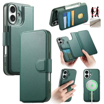 CASENEO For iPhone 17 Magnetic Case RFID Blocking Wallet Detachable Leather Phone Cover with Wristband Green by The Case Factory