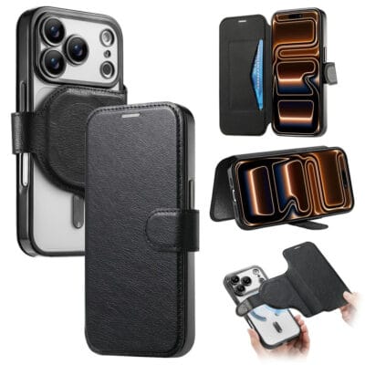 For iPhone 17 Pro Max Case Compatible with MagSafe Detachable Leather Phone Cover with Lens Film Black by The Case Factory