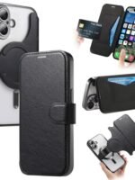 For iPhone 17 Case Compatible with MagSafe Detachable Leather Phone Cover with Lens Film Black by The Case Factory