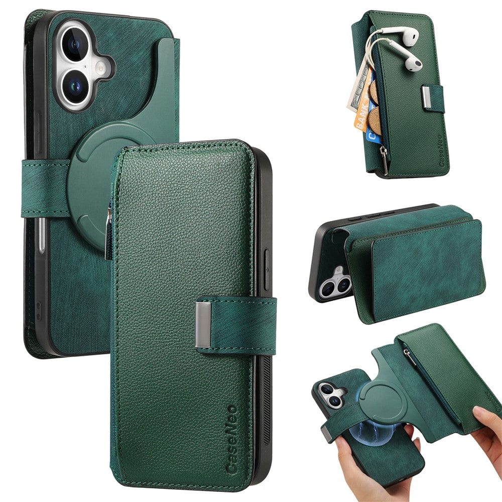 CASENEO MW-02 For iPhone 17 Case Detachable Magnetic Leather Flip Phone Cover Green by The Case Factory