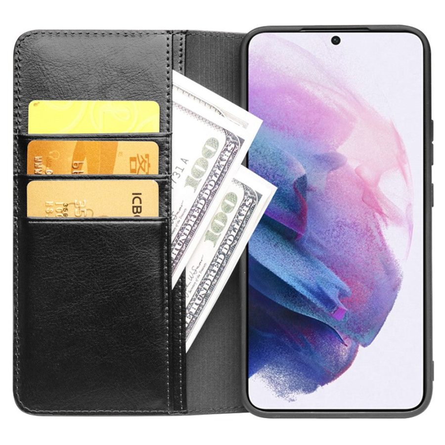 660123780A-2 QIALINO For Samsung Galaxy S23 Wallet Case Waxy Genuine Leather Flip Phone Cover