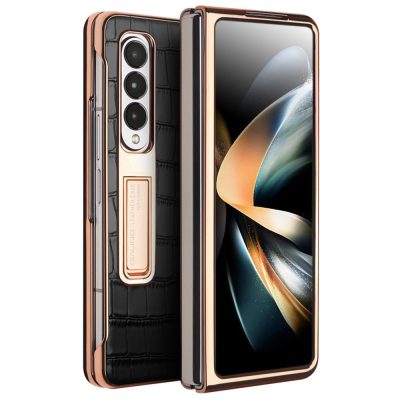 660123786A-1 QIALINO for Samsung Galaxy Z Fold4 Electroplating Case Leather Back Cover with Tempered Glass Window