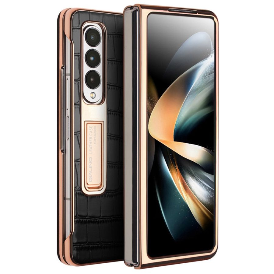 660123786A-1 QIALINO for Samsung Galaxy Z Fold4 Electroplating Case Leather Back Cover with Tempered Glass Window