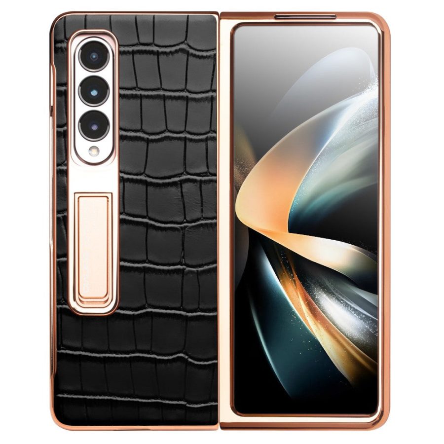 660123786A-2 QIALINO for Samsung Galaxy Z Fold4 Electroplating Case Leather Back Cover with Tempered Glass Window