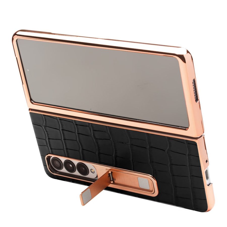 660123786A-3 QIALINO for Samsung Galaxy Z Fold4 Electroplating Case Leather Back Cover with Tempered Glass Window