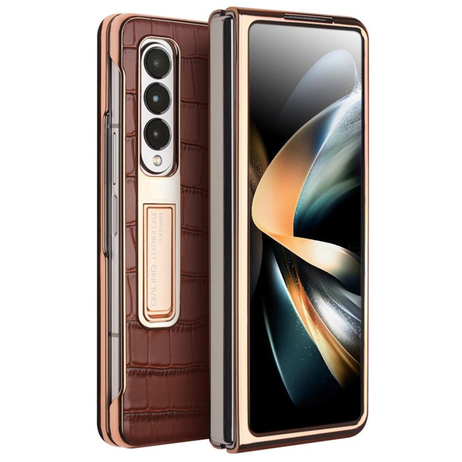 660123786B-1 QIALINO for Samsung Galaxy Z Fold4 Electroplating Case Leather Back Cover with Tempered Glass Window