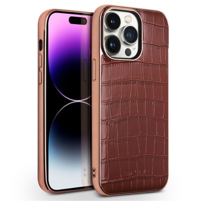 QIALINO for iPhone 14 Pro Case Shockproof Crocodile Texture Genuine Leather Cover | Compatible with MagSafe