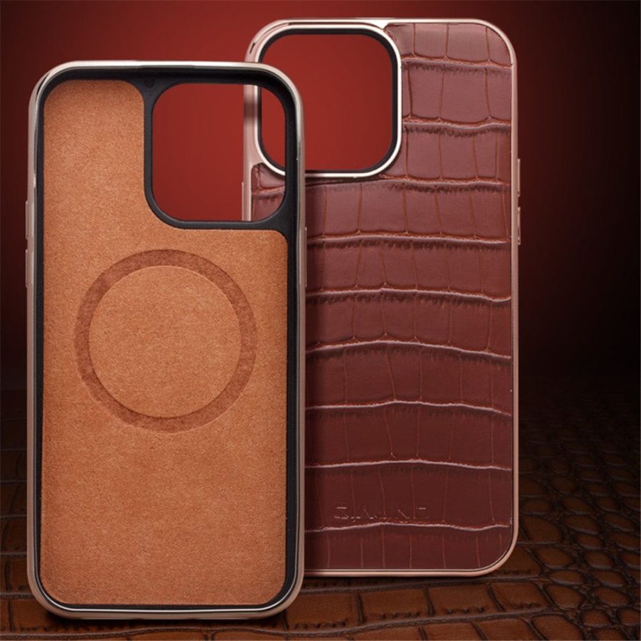 660143201A-4 QIALINO for iPhone 14 Pro Case Shockproof Crocodile Texture Genuine Leather Cover | Compatible with MagSafe