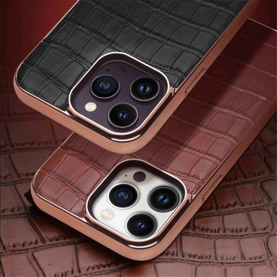 660143201A-5 QIALINO for iPhone 14 Pro Case Shockproof Crocodile Texture Genuine Leather Cover | Compatible with MagSafe