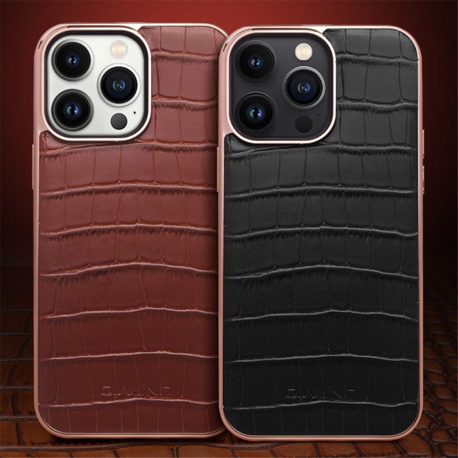 660143201A-6 QIALINO for iPhone 14 Pro Case Shockproof Crocodile Texture Genuine Leather Cover | Compatible with MagSafe