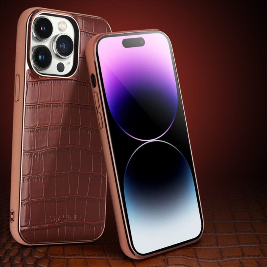 QIALINO for iPhone 14 Pro Max Case Shockproof Crocodile Texture Genuine Leather Cover | Compatible with MagSafe