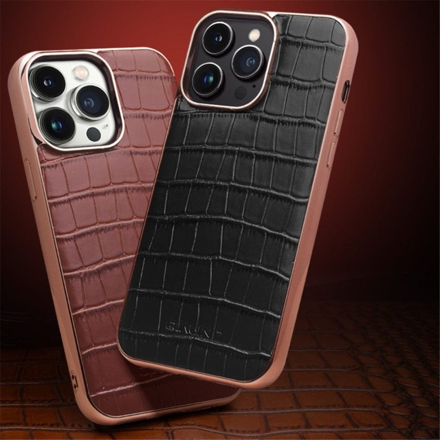 QIALINO for iPhone 14 Pro Max Case Shockproof Crocodile Texture Genuine Leather Cover | Compatible with MagSafe