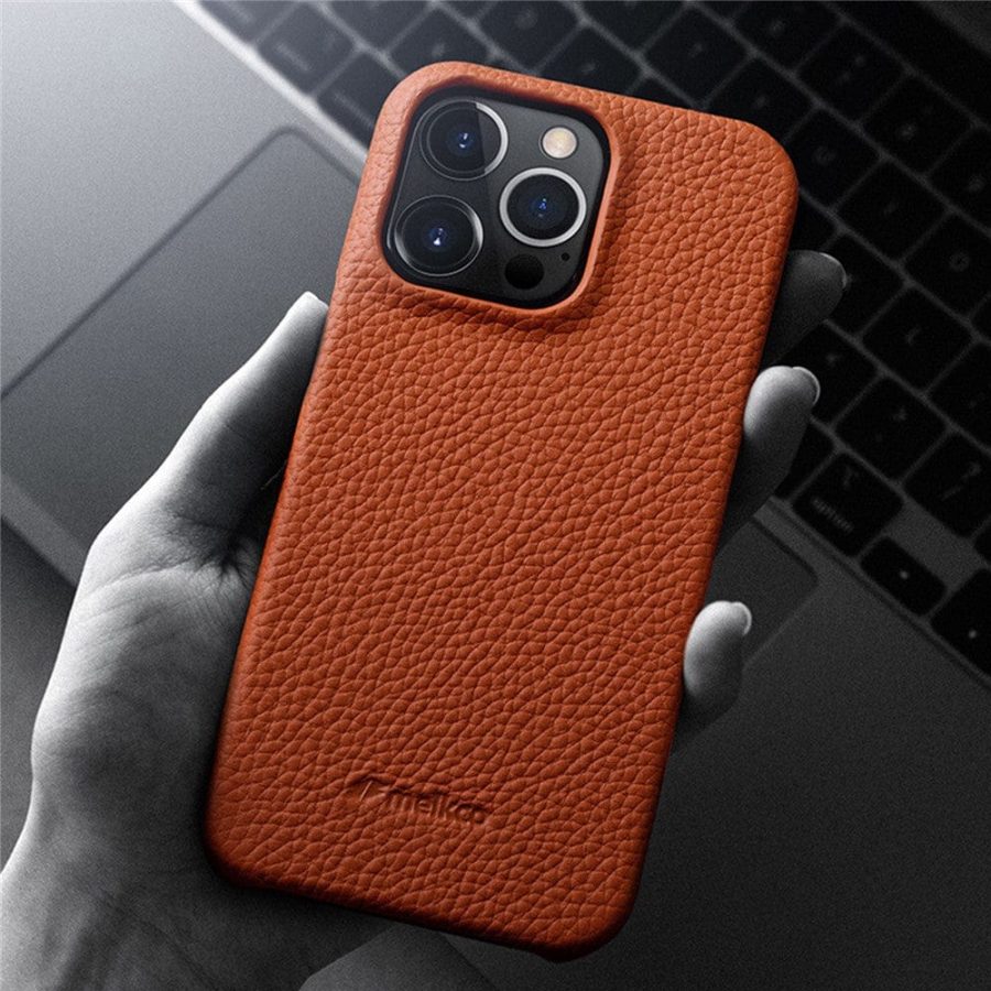MELKCO For iPhone 14 Pro Case Genuine Leather Phone Cover