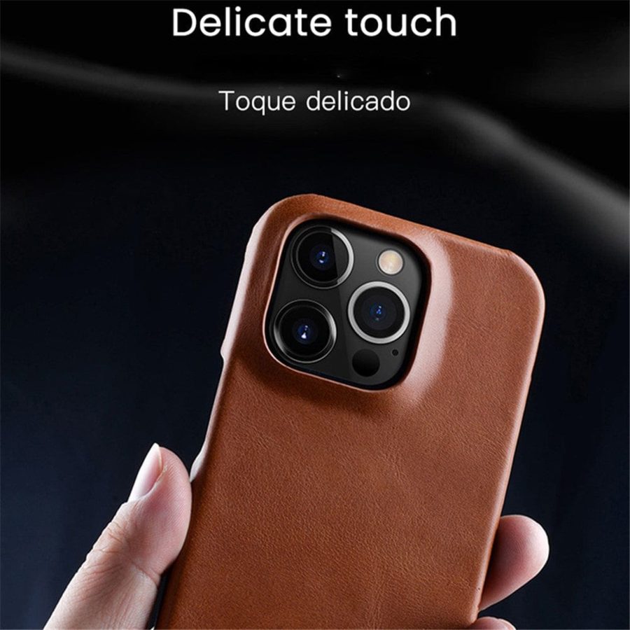 660151293A-4 MELKCO For iPhone 14 Pro Case Waxy Genuine Leather Phone Cover