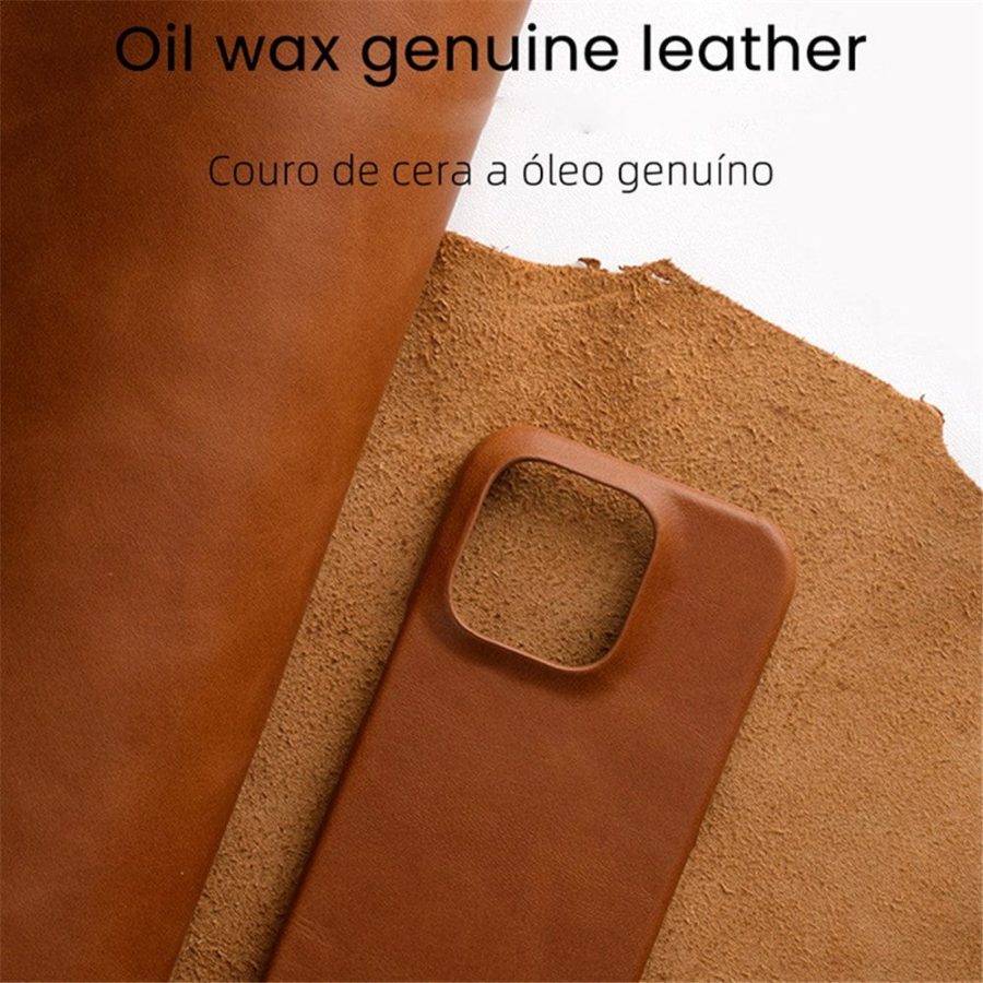 660151293A-6 MELKCO For iPhone 14 Pro Case Waxy Genuine Leather Phone Cover