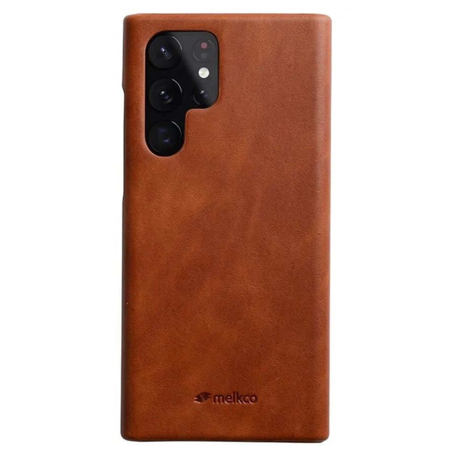 MELKCO For Samsung Galaxy S22 Ultra Case Waxy Genuine Leather Open Edge Phone Cover