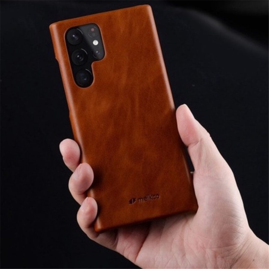 MELKCO For Samsung Galaxy S22 Ultra Case Waxy Genuine Leather Open Edge Phone Cover