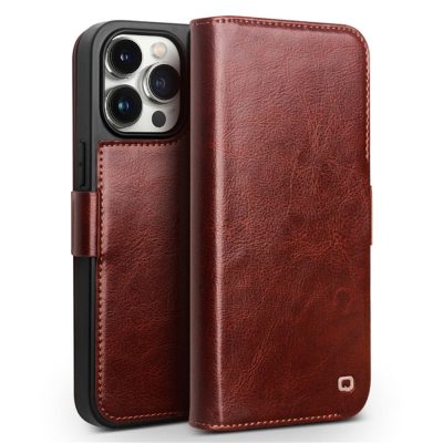 QIALINO For iPhone 15 Pro Max Case Genuine Leather Wallet Magnetic Closure Full Protection Phone Cover
