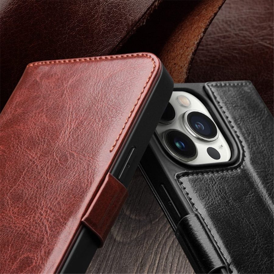QIALINO For iPhone 15 Pro Max Case Genuine Leather Wallet Magnetic Closure Full Protection Phone Cover