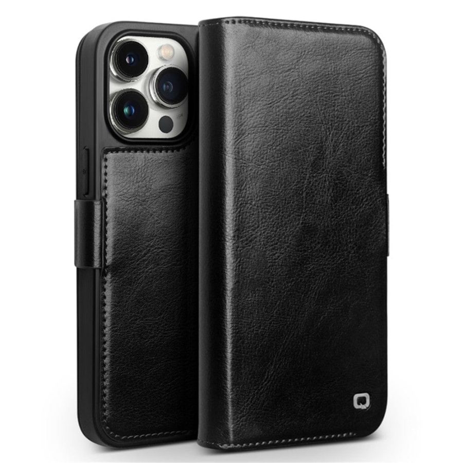 QIALINO For iPhone 15 Pro Max Case Genuine Leather Wallet Magnetic Closure Full Protection Phone Cover