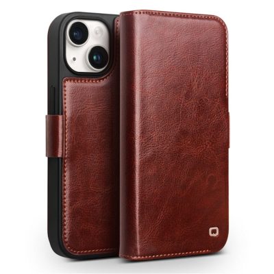 QIALINO for iPhone 15 Plus Case  Genuine Leather Wallet Magnetic Closure Phone Cover