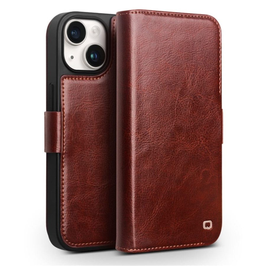QIALINO for iPhone 15 Plus Case  Genuine Leather Wallet Magnetic Closure Phone Cover