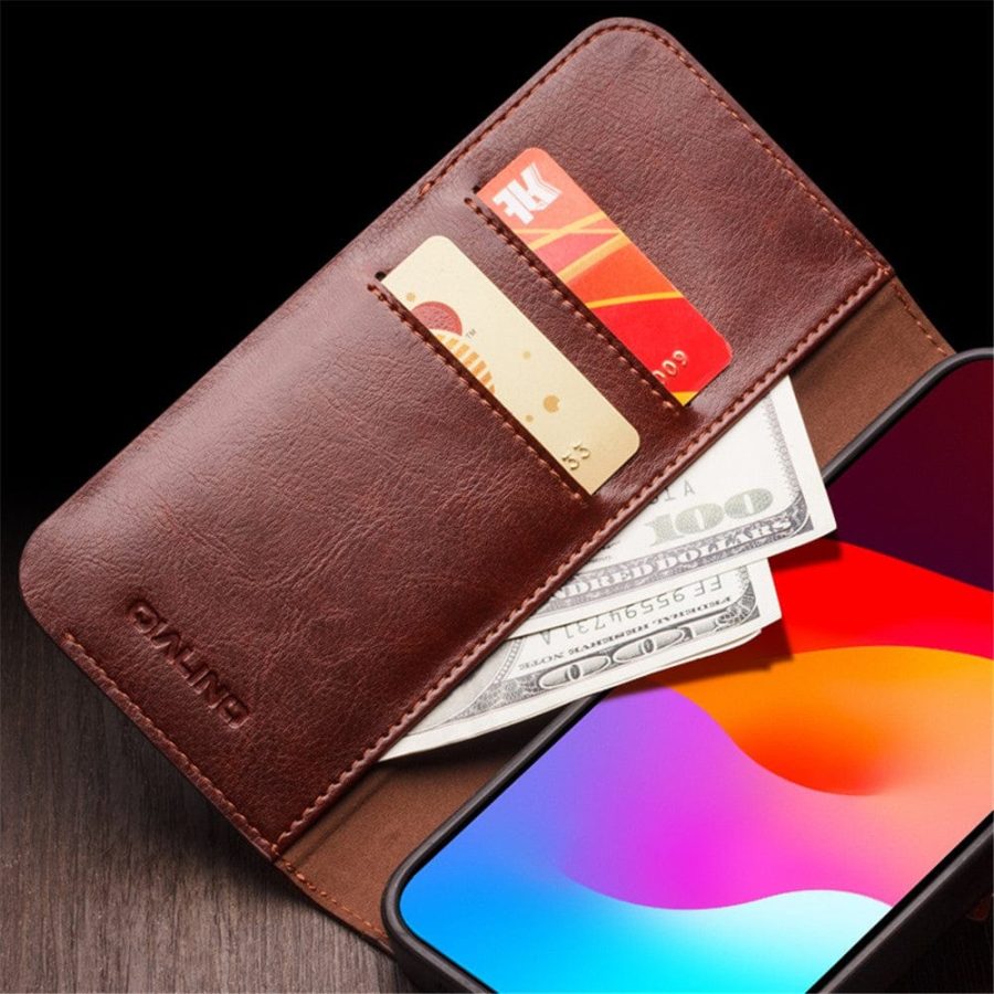 QIALINO for iPhone 15 Plus Case  Genuine Leather Wallet Magnetic Closure Phone Cover