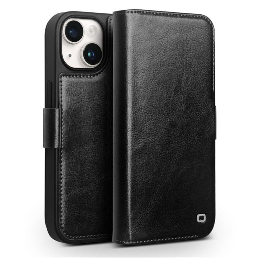 QIALINO for iPhone 15 Plus Case  Genuine Leather Wallet Magnetic Closure Phone Cover