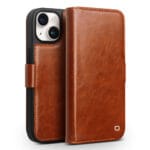 QIALINO for iPhone 15 Plus Case  Genuine Leather Wallet Magnetic Closure Phone Cover