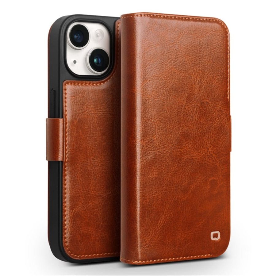 QIALINO for iPhone 15 Plus Case  Genuine Leather Wallet Magnetic Closure Phone Cover