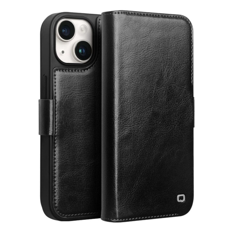 QIALINO For iPhone 15 Case Genuine Leather Stand Wallet Magnetic Closure Cover